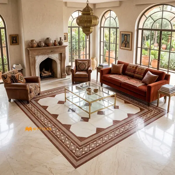 White & Brown Geometric Carpet Tile | Terra Octagon